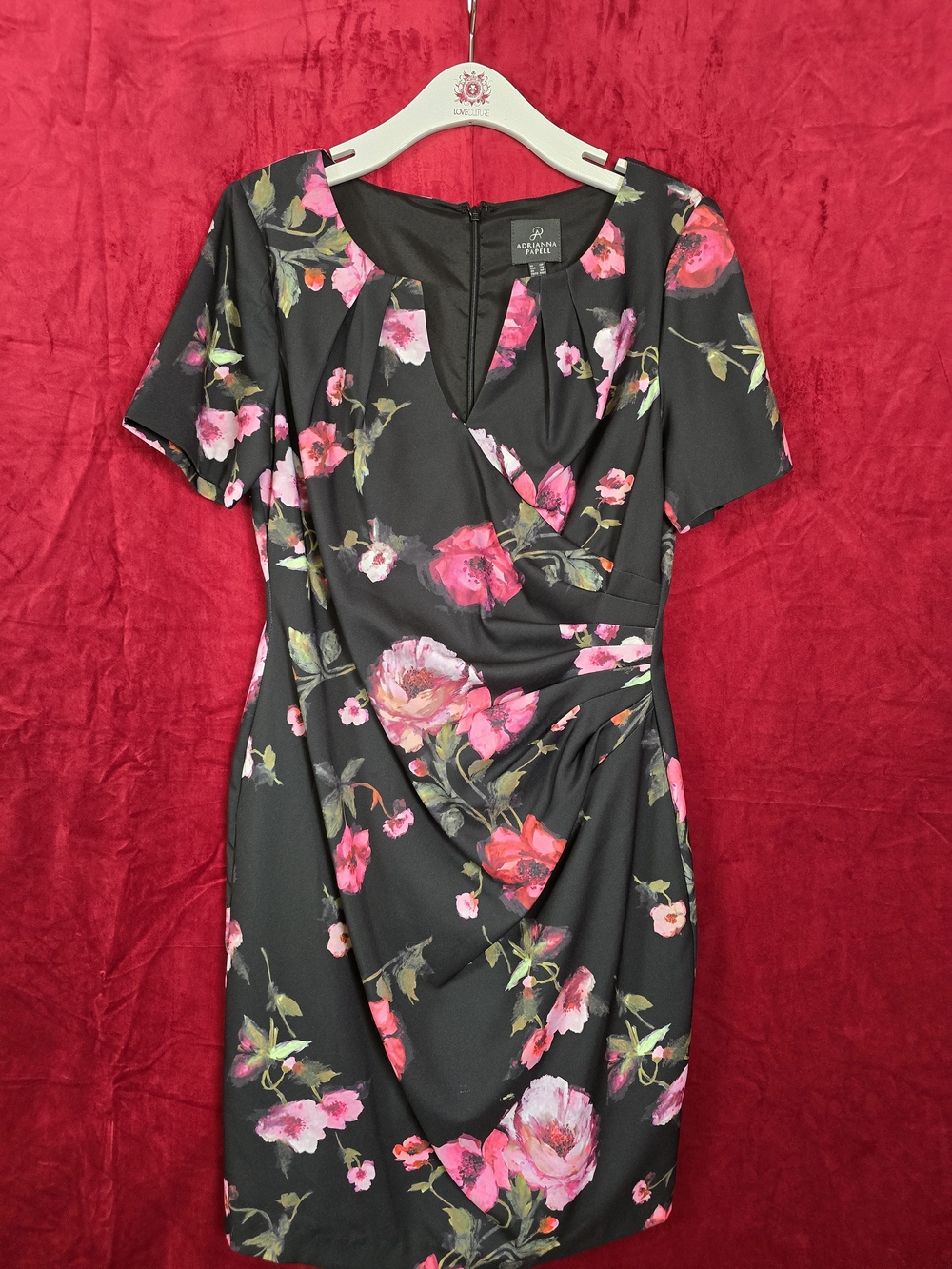 Adrianna Papell Black Floral Faux-Wrap Short Sleeve Dress - Picture 2 of 5